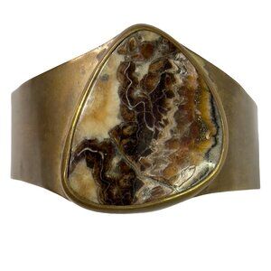 Picture Brecciated Jasper Stone Inlay Brass Adjustable Cuff Bracelet